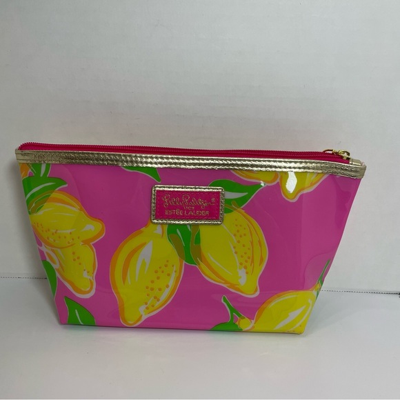 Lilly Pulitzer by Estee Lauder Pink and Lemons Zip Cosmetic Bag Gold Trim - Picture 1 of 11